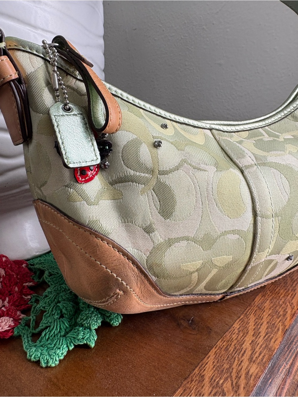 COACH Ladybug Shoulder Bag Green Canvas Leather Hobo Bag Signature 6723 - Picture 6 of 17